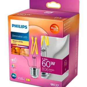 Spar mere | SOMMER OUTLET - E27 - Philips Warm Glow LED Globe Pære 5.9W - 806lm - CRI 90+