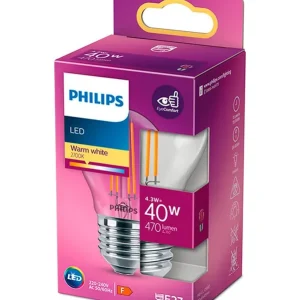 Tilgængelig nu | E27 - Philips LED Krone Pære - Klar - 4.3W - 470lm