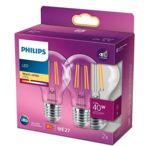 Bestil nemt | SOMMER OUTLET - E27 - Philips LED Pære - Klar - 4.3W - 470lm 2-pak