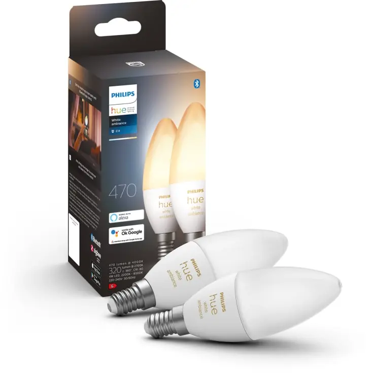 Udsalg | Philips Hue White Ambiance E14 kertepære, 2200K-6500K, 4W, 2-pak