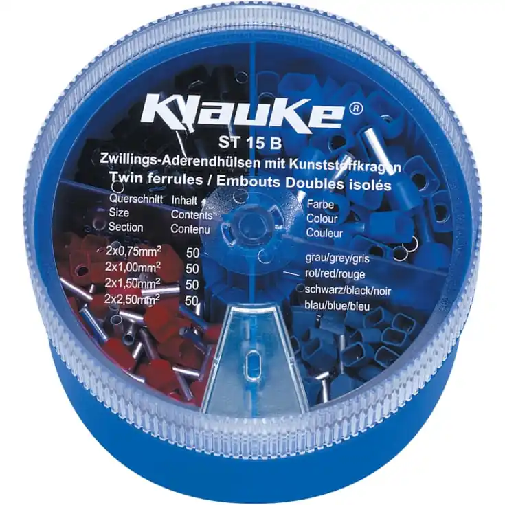 Favorit blandt kunder | Klauke ST15B sortimentsboks, med isolerede dobbeltterminalrør, 2 x 0,75 - 2 x 2,5 mm²