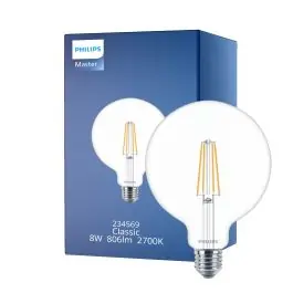 Bestil nemt - Philips Classic LED Globe E27 filament klar 120mm 8W 806lm - 827 ekstra varm hvid dæmpbar - erstatter 60W