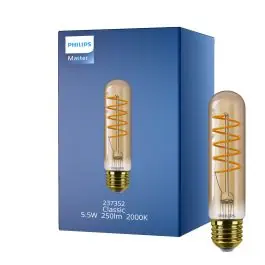 Direkte fra producenten - Philips Classic LED Pære E27 Tubular filament guld 5.5W 250lm - 820 ekstra varm hvid dæmpbar - erstatter 25W
