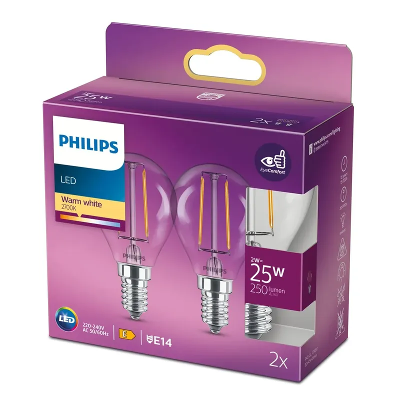 Toppris - PhilipsLED Classic Krone Filament, 25W, E14, varm hvid, klar ikke dæmpbar, 2-pak BOX