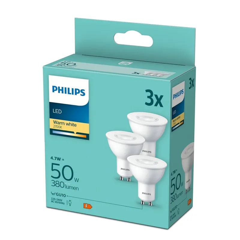 Udsalg | PhilipsLED 50W Spot, GU10 Varm hvid, Ikke dæmp 3-Discount pakke