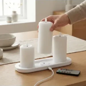 3-pak hvide LED bloklys inkl. ladebaseØ7,5cm, 10/12,5/15 cm høj, inkl. fjernb., timer | Næsten udsolgt
